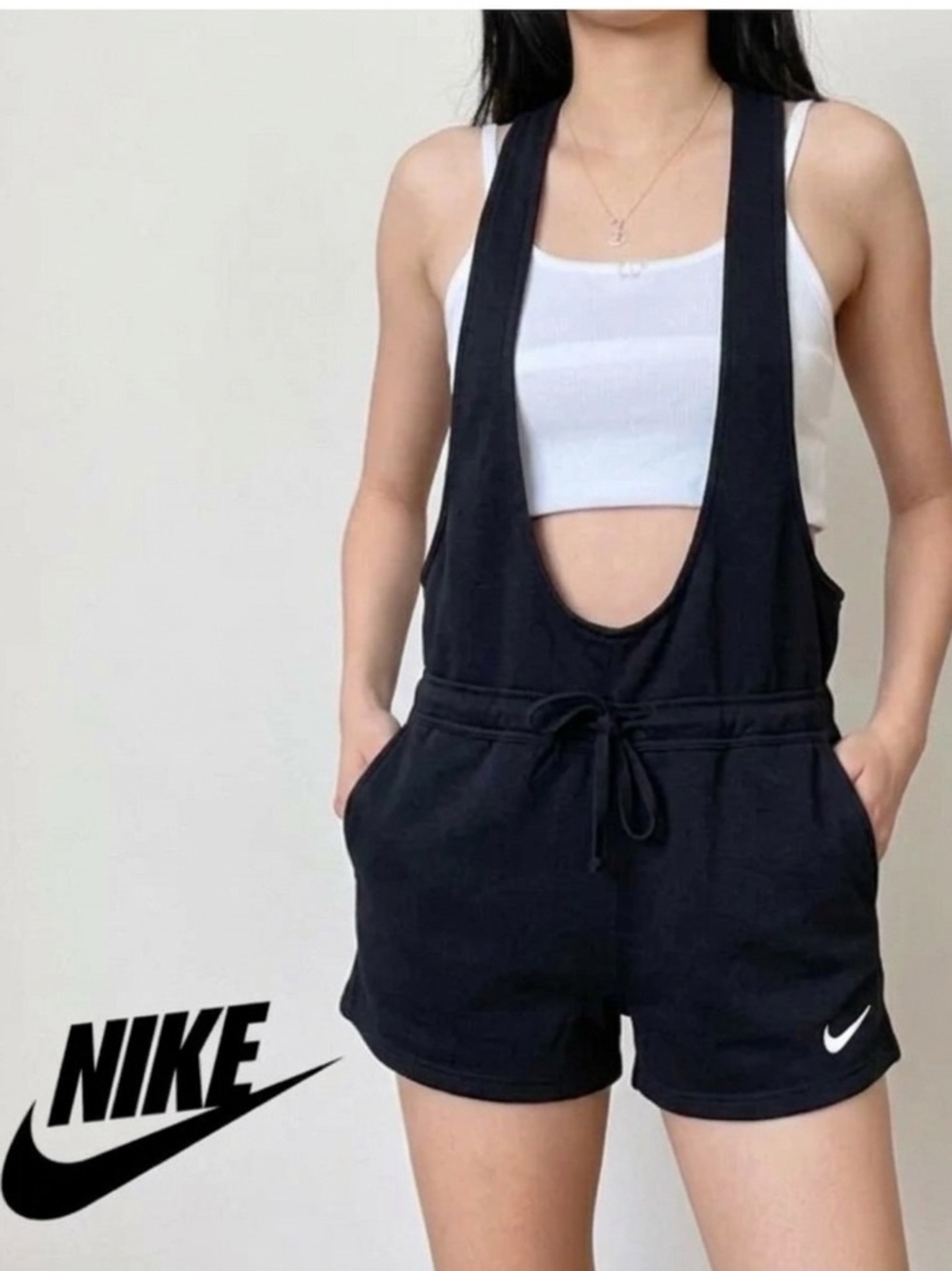 Nike Black Scoop-Neck Sleeveless Drawstring Romper Shorts